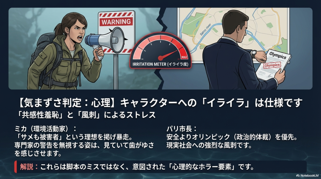 登場人物へのストレスに関する解説スライド。環境活動家ミカの暴走や市長の政治的体裁優先など、意図された心理的ホラー要素についての説明。