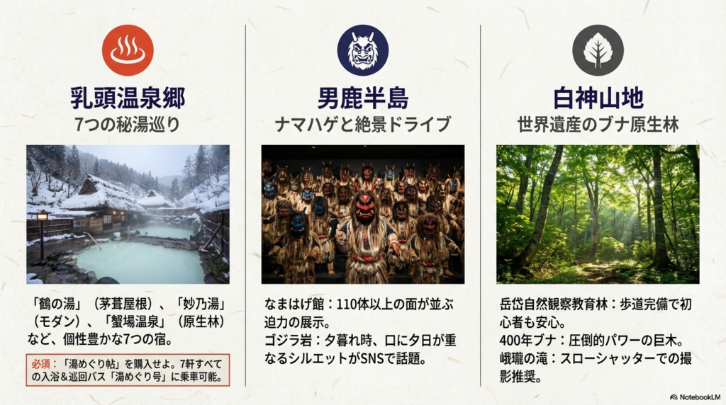 乳頭温泉郷の7つの秘湯と「湯めぐり帖」、男鹿半島のなまはげ館とゴジラ岩、世界遺産・白神山地の400年ブナなどの情報を網羅したスライド。
