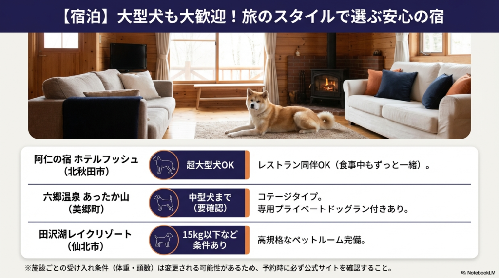 暖炉のあるログハウス風の部屋でくつろぐ秋田犬の写真。超大型犬OKでレストラン同伴可能な「ホテルフッシュ」、プライベートラン付きコテージの「あったか山」、高規格な「田沢湖レイクリゾート」の比較表。