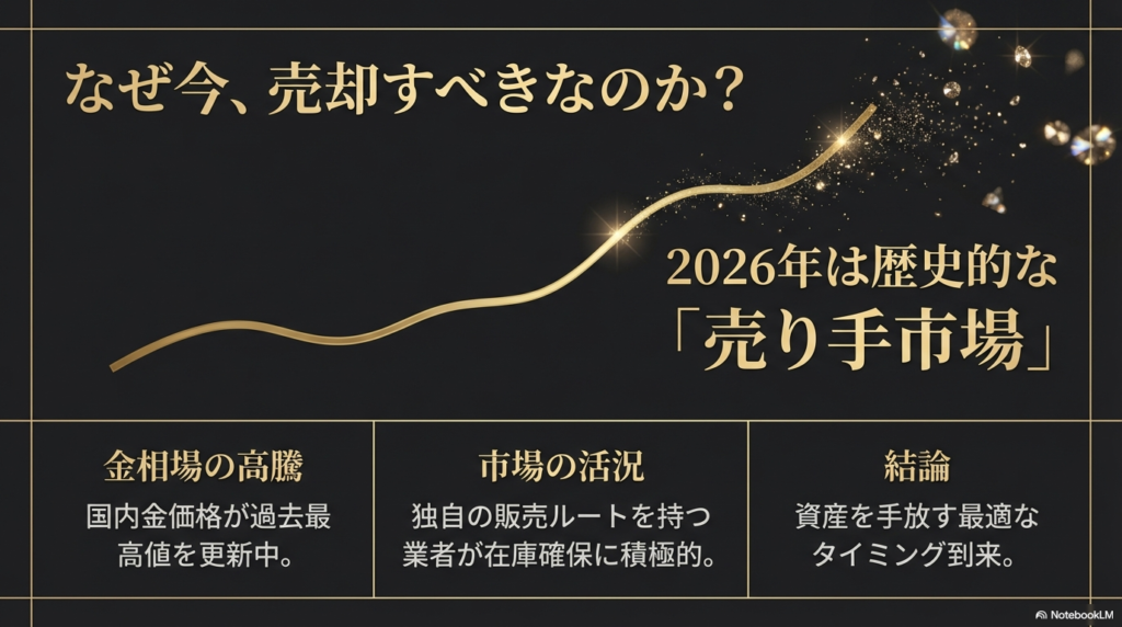 国内金価格が過去最高値を更新中であり、2026年は歴史的な「売り手市場」であること、業者が在庫確保に積極的であることを説明するスライド。