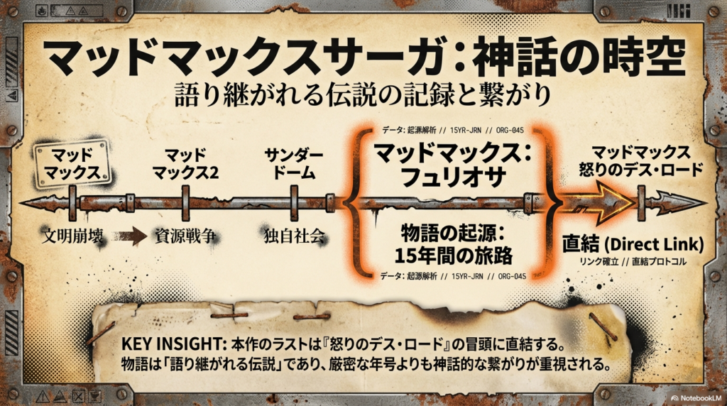 第1作から「怒りのデス・ロード」までの時系列と、本作が前作の冒頭に直結することを示すデータ解析図。