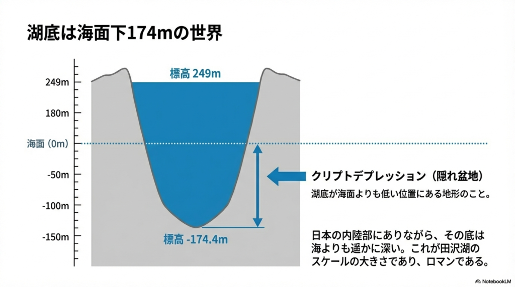 湖面標高249mから水深423.4mを測ると、湖底が海面（0m）より低いマイナス174.4mに位置することを示す図解。