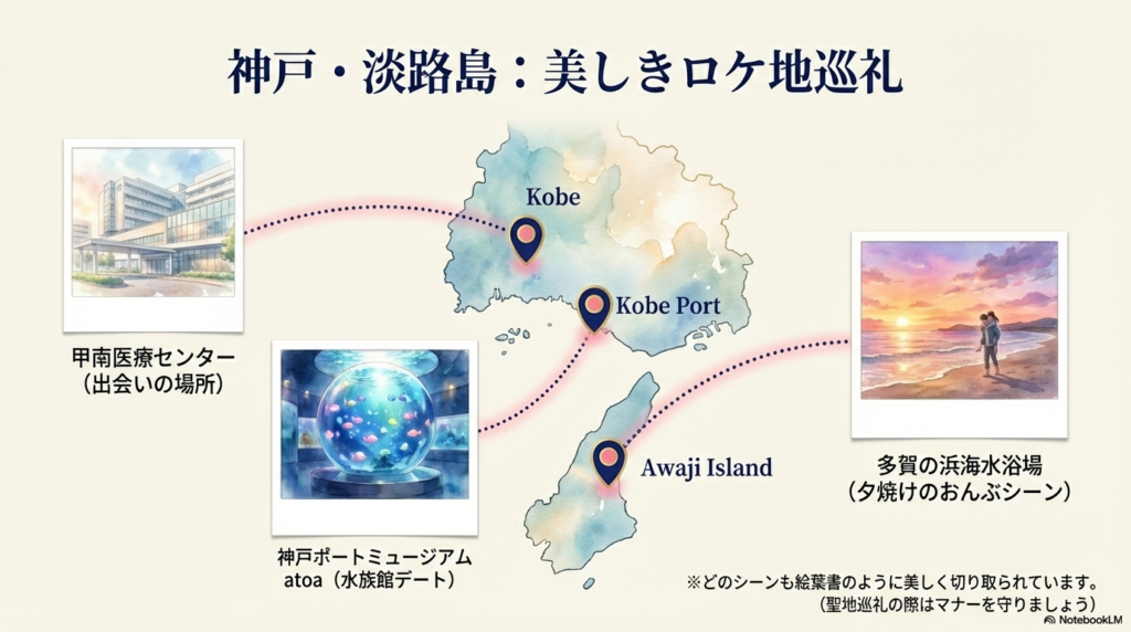 甲南医療センター、多賀の浜海水浴場、atoaなどの主要ロケ地が写真風のイラストで紹介されているスライド 。