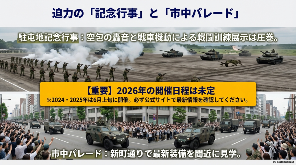 戦闘訓練展示の轟音や新町通りのパレードについて解説し、2026年の日程が未定である旨を明記したスライド 。