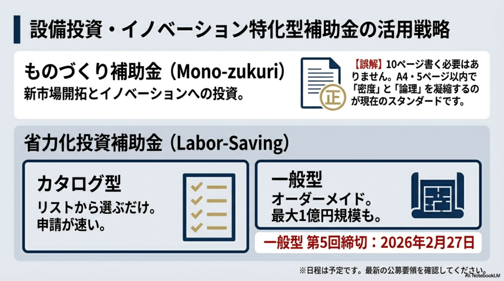 ものづくり補助金と省力化投資補助金（カタログ型・一般型）の特徴と、申請書のページ数に関する誤解を解く解説。