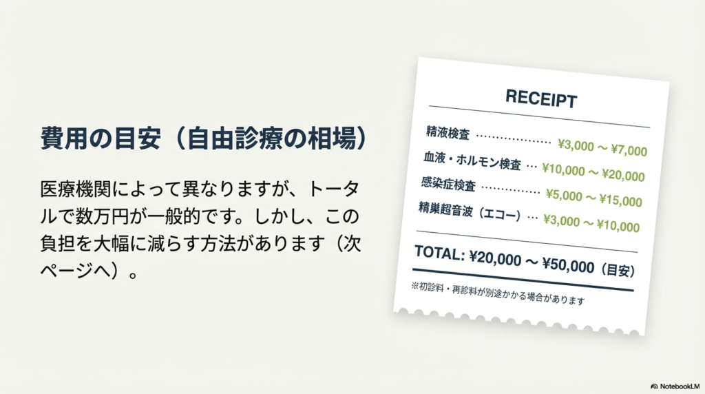 自由診療の費用相場。精液検査、血液・ホルモン検査、感染症検査、精巣エコーを合わせ、トータルで約20,000円から50,000円が目安であることを示す領収書イメージの図。