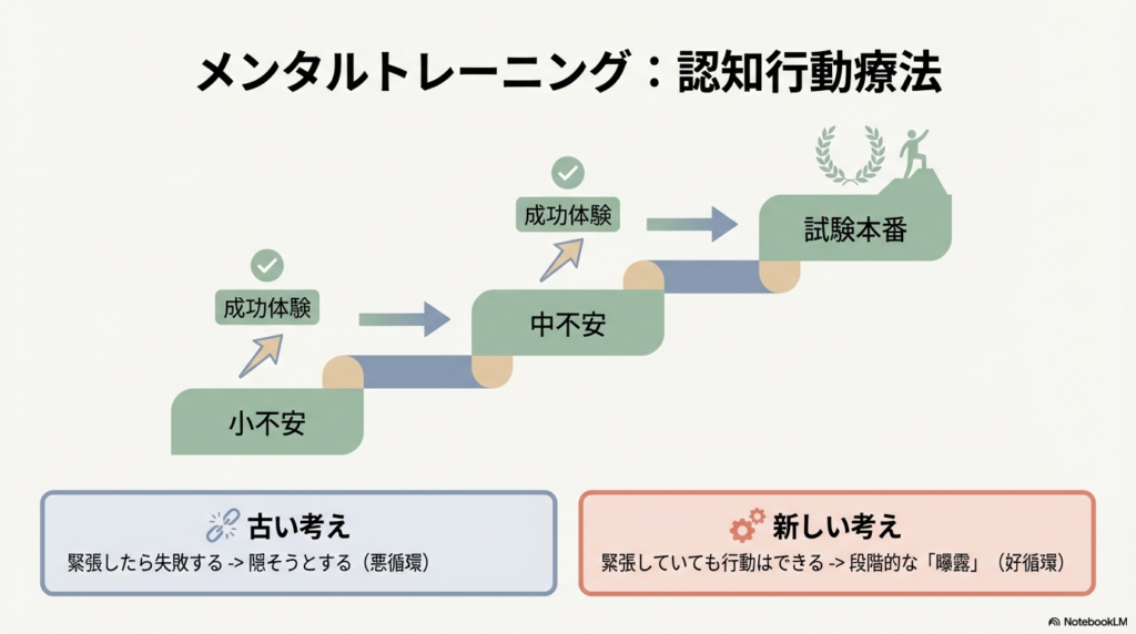 「緊張したら失敗する」という悪循環から、「緊張していても行動はできる」という段階的な曝露による好循環への変化を示す図。