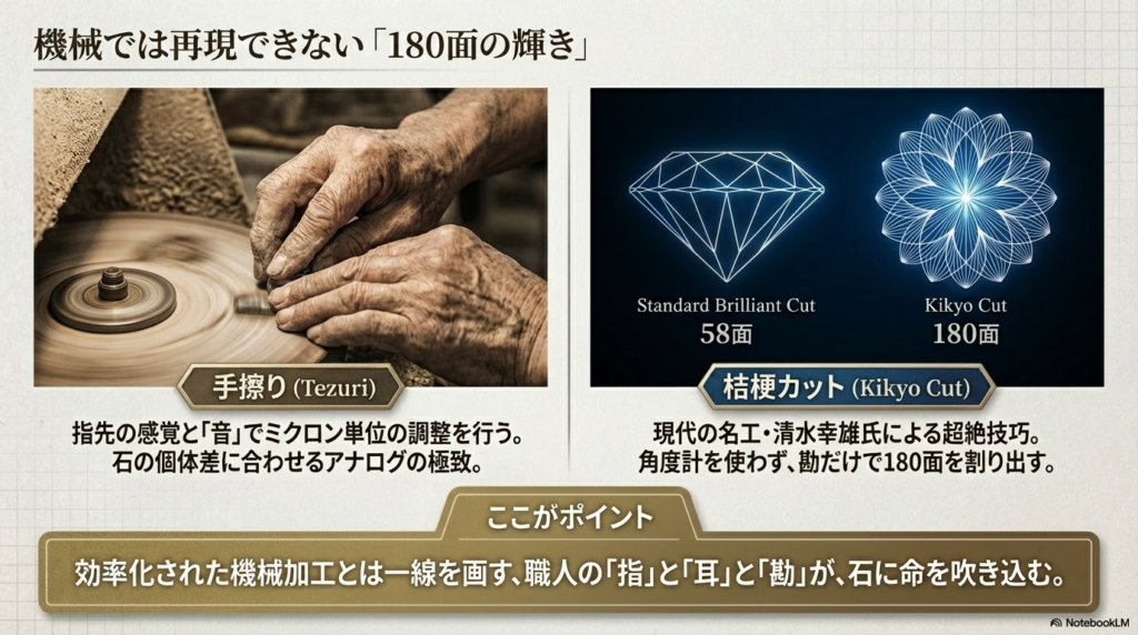 職人の年季の入った手が石を磨く様子(手擦り)と、58面の標準カットに対し180面もの多面体を持つ「桔梗カット」の比較図。