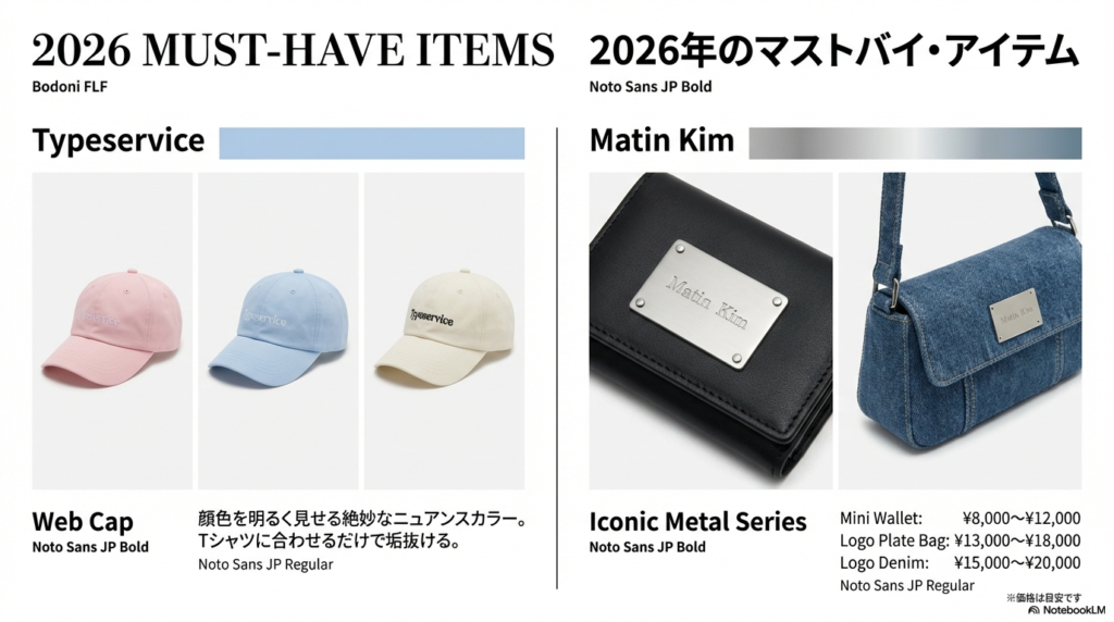 TYPESERVICEのキャップと、Matin Kimのメタルプレート財布・バッグ・デニムの製品写真と価格目安