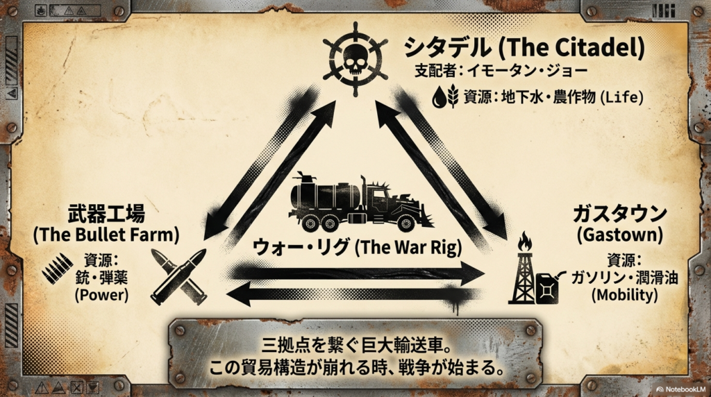 地下水のシタデル、ガソリンのガスタウン、弾薬の武器工場をウォー・リグが繋ぐ貿易構造の解説図。