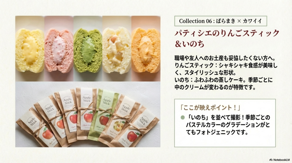 「パティシエのりんごスティック」と「いのち」を紹介。季節ごとのパステルカラーのグラデーションがフォトジェニックであることを説明。