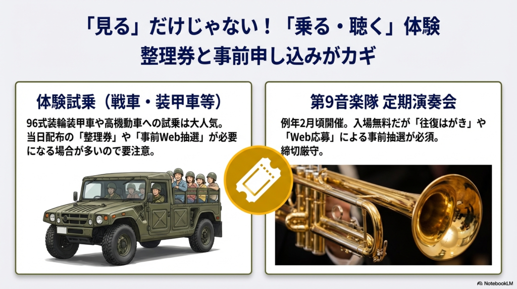装甲車試乗の整理券やWeb抽選、音楽隊定期演奏会の往復はがき・Web応募について説明したスライド 。