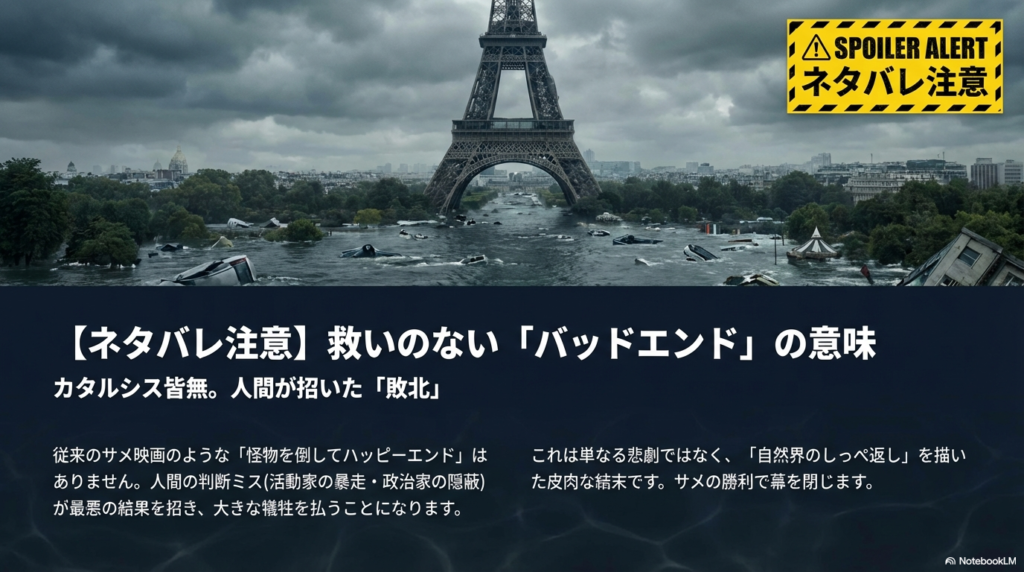 ラストシーンのネタバレ注意スライド。カタルシスがない敗北の結末であり、人間が招いた「自然界のしっぺ返し」であるという考察。