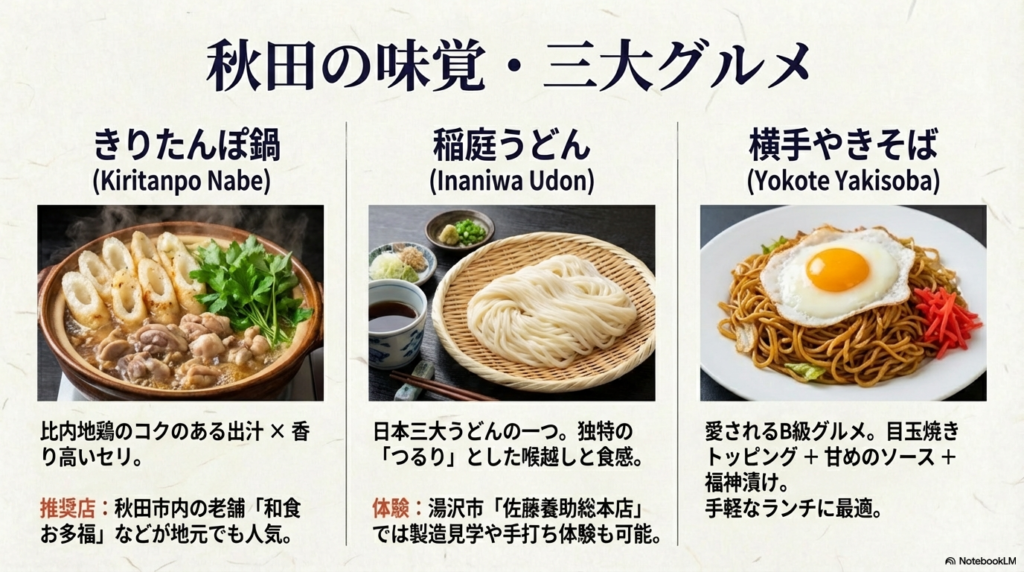 比内地鶏出汁のきりたんぽ鍋、喉越しの良い稲庭うどん、目玉焼きが乗った横手やきそばの特徴と推奨店・体験情報を紹介するスライド。