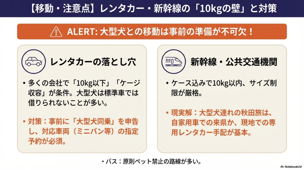 乗用車と新幹線のアイコン。大型犬はレンタカーの標準規定(10kg以下)に抵触しやすいため、事前申告と車種指定が必須であることや、新幹線の厳格なサイズ制限、自家用車利用の推奨。
