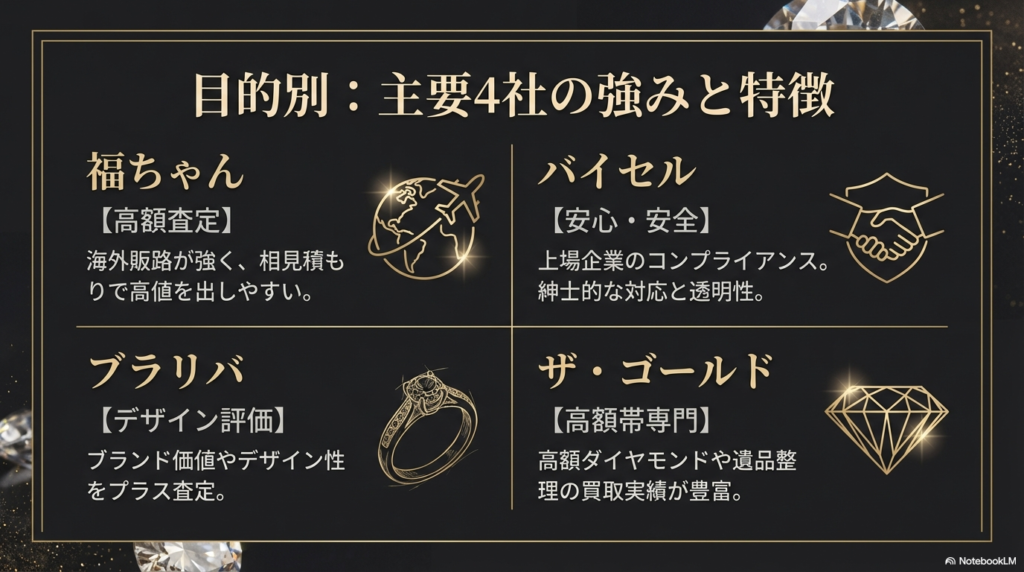 福ちゃん（高額査定・海外販路）、ブラリバ（デザイン評価）、バイセル（安心安全・上場企業）、ザ・ゴールド（高額帯専門）の4社の特徴をアイコンと共に比較した表。