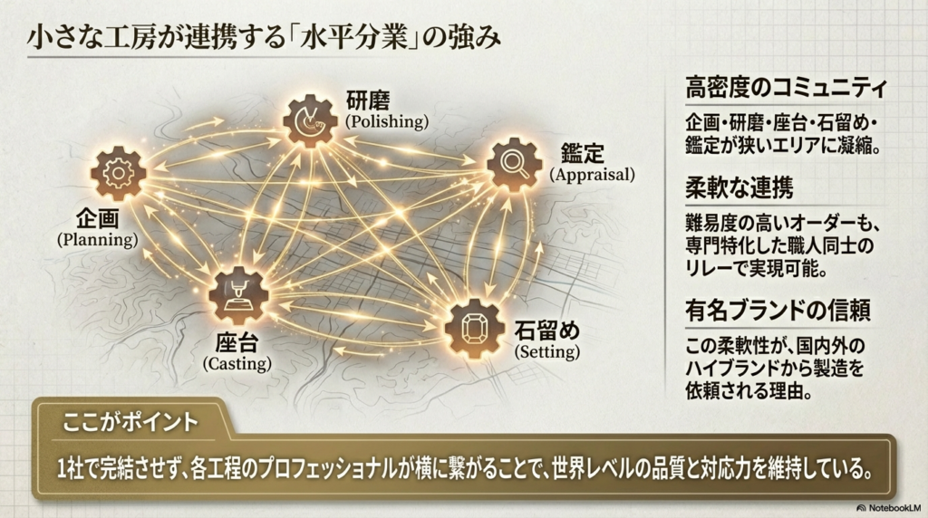 企画、研磨、座台、石留め、鑑定の各工程が円状に繋がり、小さな工房が柔軟に連携するエコシステムを示した図。