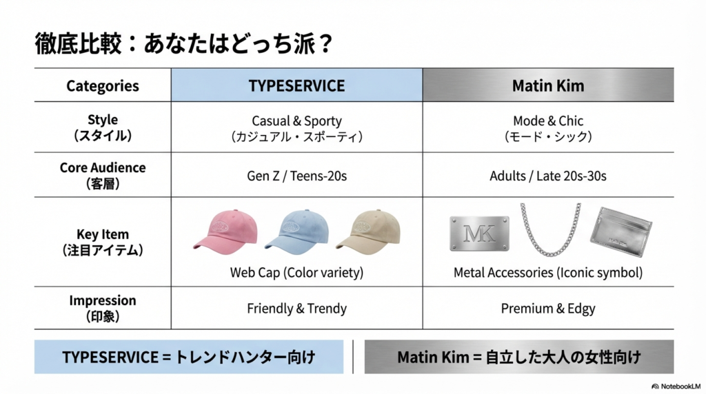 両ブランドのスタイル、客層、注目アイテム、印象を一覧で比較したマトリックス表