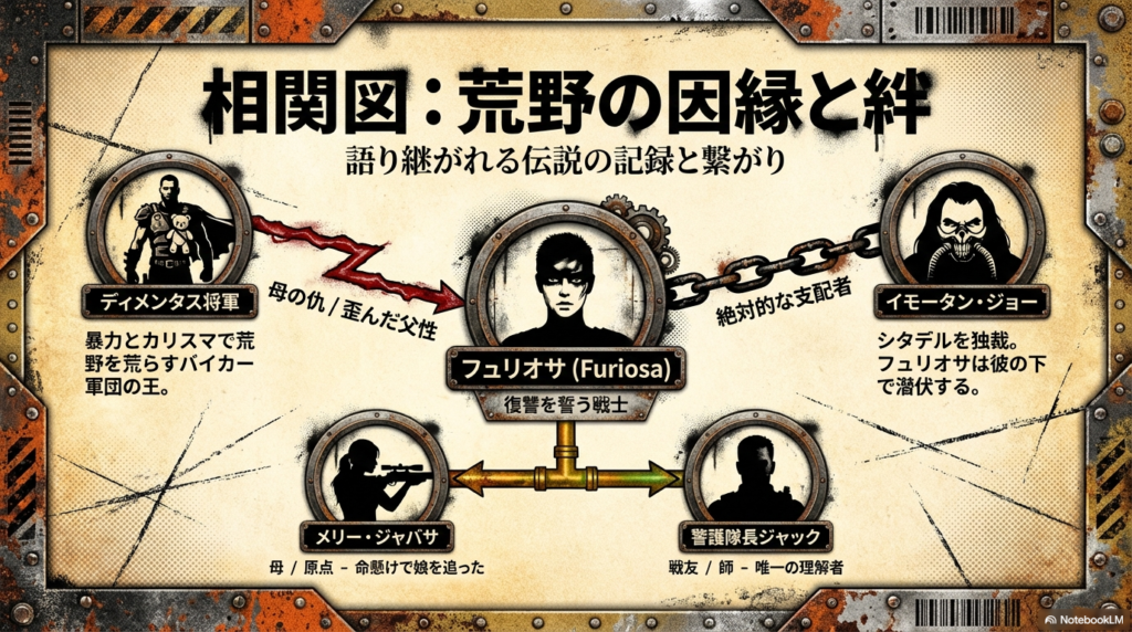 フュリオサを中心に、復讐の相手であるディメンタス将軍、支配者イモータン・ジョー、母メリー、共闘するジャックの繋がりを示す相関図。