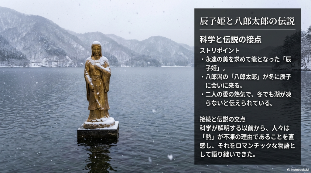 永遠の美を求めた辰子姫と八郎太郎の再会が湖を凍らせないという伝説を、科学的な「熱」と結びつけて紹介するスライド。