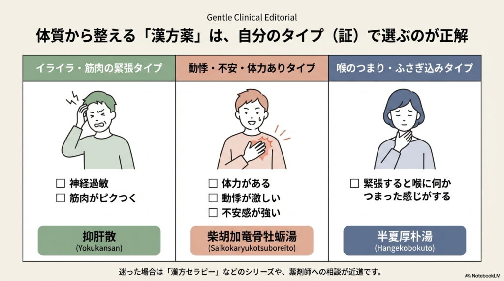 抑肝散（イライラ・筋肉の緊張）、柴胡加竜骨牡蛎湯（動悸・不安）、半夏厚朴湯（喉のつまり）という、症状のタイプに合わせた漢方薬の選び方を示すイラスト。
