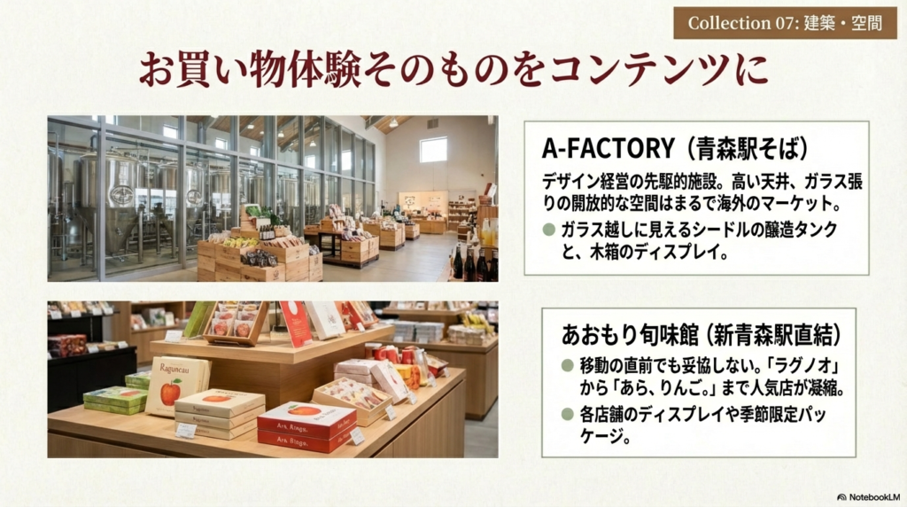 ガラス張りの開放的なA-FACTORYと、人気店が凝縮された「あおもり旬味館」を紹介。醸造タンクや木箱のディスプレイなど、空間の魅力を解説。