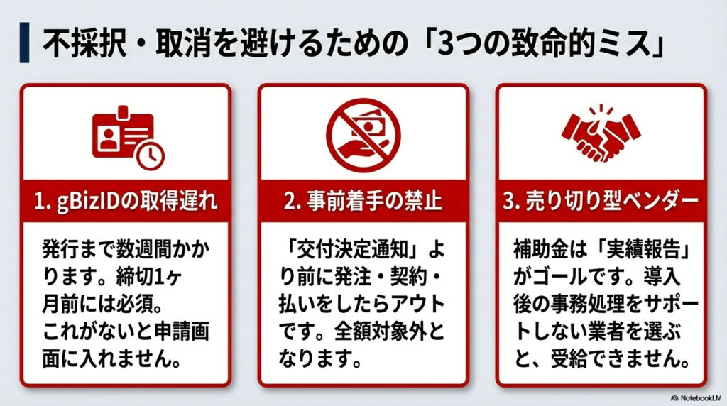 gBizIDの取得遅れ、事前着手の禁止、サポートのない売り切り型ベンダーの選定という、3つの失敗パターンを解説。