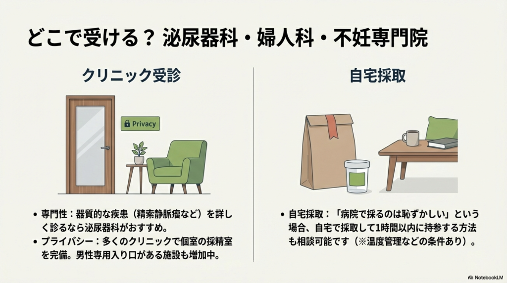 泌尿器科や不妊専門院での受診メリット(専門性やプライバシー配慮、個室採精室)と、自宅で採取して持参する方法(条件あり)の解説図。