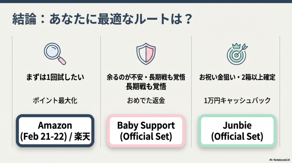 「まずは1回」「長期戦も覚悟」「お祝い金狙い」などの目的別に、Amazon・楽天・公式サイトのどこで買うべきかを示すフローチャート風の図。