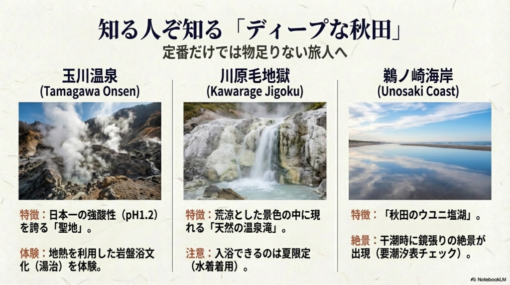 強酸性の玉川温泉、天然の温泉滝がある川原毛地獄、鏡張りの絶景が楽しめる鵜ノ崎海岸(秋田のウユニ塩湖)の情報をまとめたスライド。