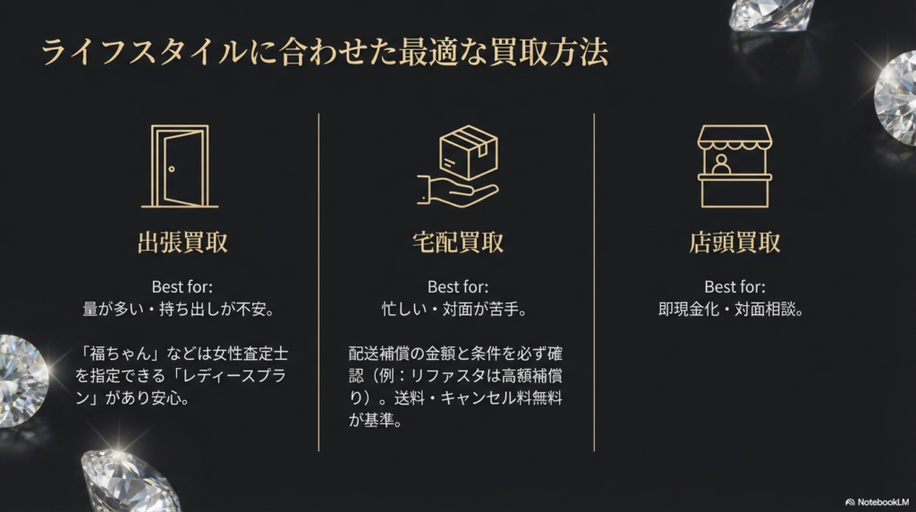 出張買取（量が多い人向け）、宅配買取（忙しい人向け）、店頭買取（即現金化したい人向け）のそれぞれのメリットと注意点をまとめたスライド。