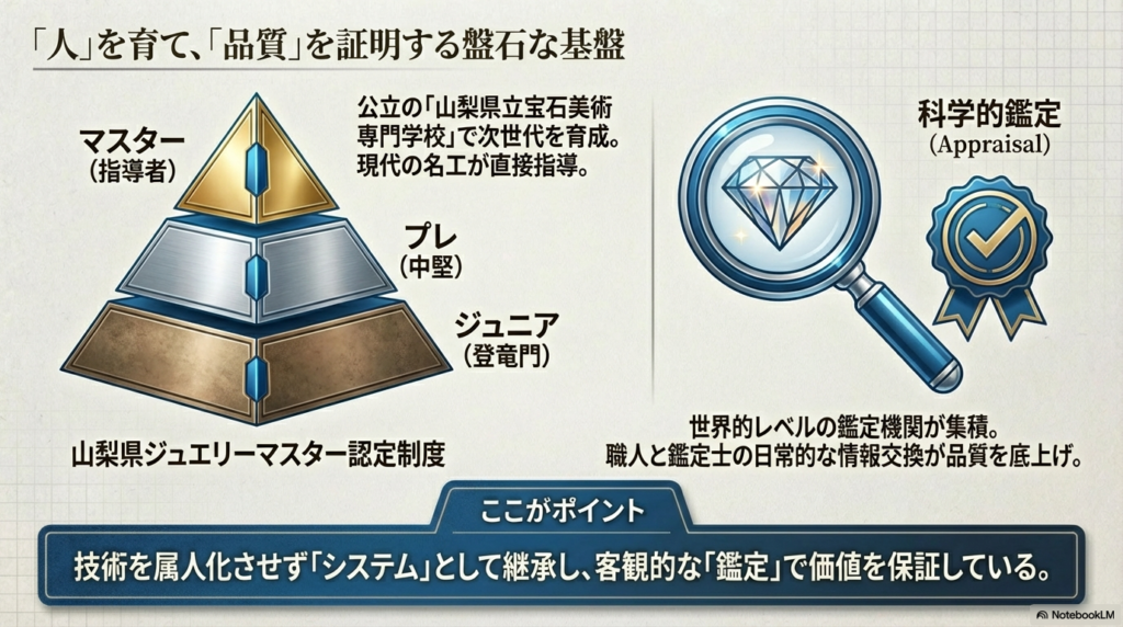 山梨県立宝石美術専門学校での教育体制と、熟練職人を認定するジュエリーマスター制度、そして科学的鑑定機関の集積による品質保証システムの説明。