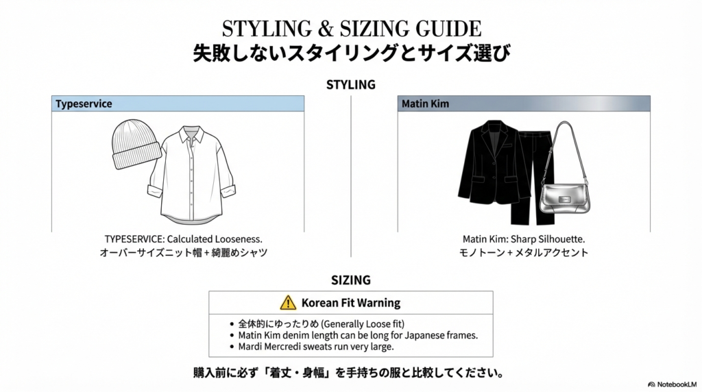 韓国フィットの注意点(全体的にゆったりめ)や、ブランド別の着こなし例を紹介するガイド