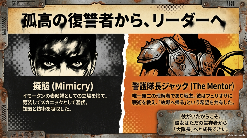 男装しての擬態（潜伏）と、警護隊長ジャックというメンターとの出会いによるフュリオサの成長過程のまとめ。
