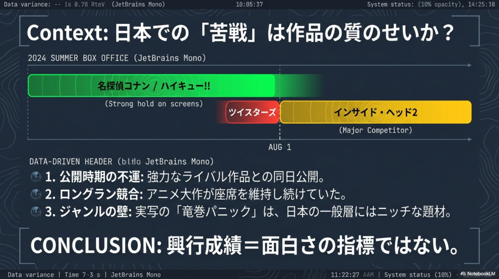 同日公開の『インサイド・ヘッド2』やロングラン中の『名探偵コナン』『ハイキュー!!』などの強力なライバルの存在を指摘するデータ分析スライド 。