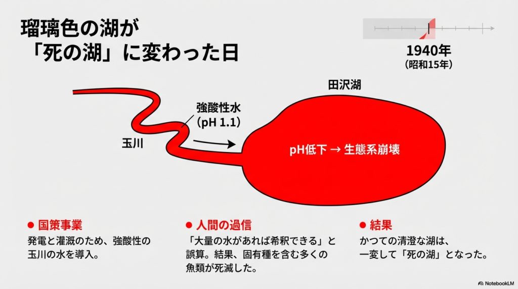 1940年、pH1.1の強酸性である玉川の水が田沢湖に導入され、生態系が崩壊して「死の湖」となった経緯を示す図解。