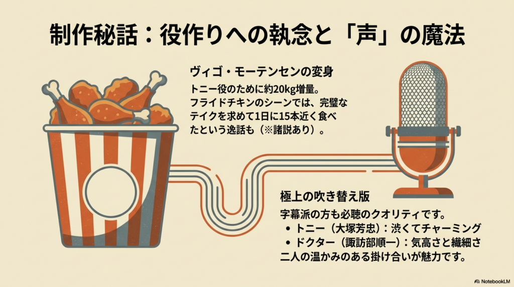 フライドチキンのバケツのイラスト。ヴィゴ・モーテンセンが20kg増量し、撮影でチキンを大量に食べた逸話と、大塚芳忠・諏訪部順一による極上の吹き替え版の魅力を紹介。