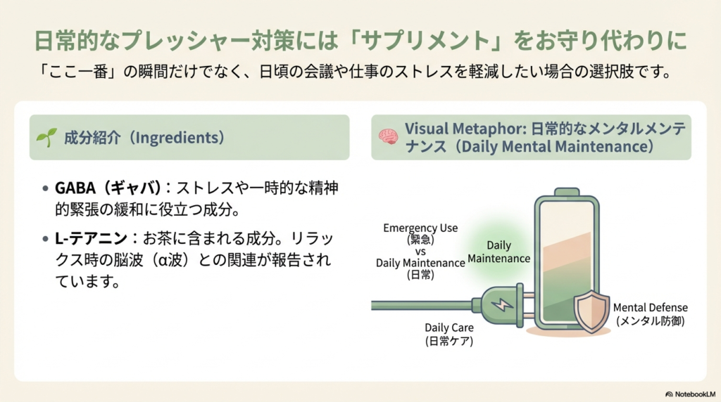 GABAやL-テアニンの成分紹介と、緊急時ではなく日常的なケア・メンタル防御としてサプリメントを活用する「充電器」の比喩を用いたイメージ図。