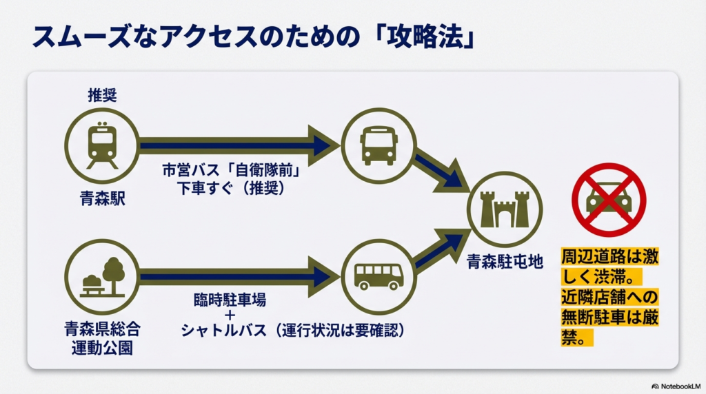 市営バス「自衛隊前」下車や、青森県総合運動公園からのシャトルバス利用、無断駐車禁止を促すルート図 。