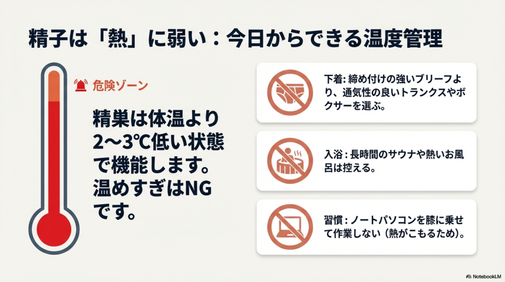 精巣は体温より $2\text{--}3^{\circ}C$ 低い状態を保つ必要があるため、締め付けの強い下着を避ける、長時間のサウナを控える、膝上でのPC作業を避けるといった温度管理のポイントを解説。