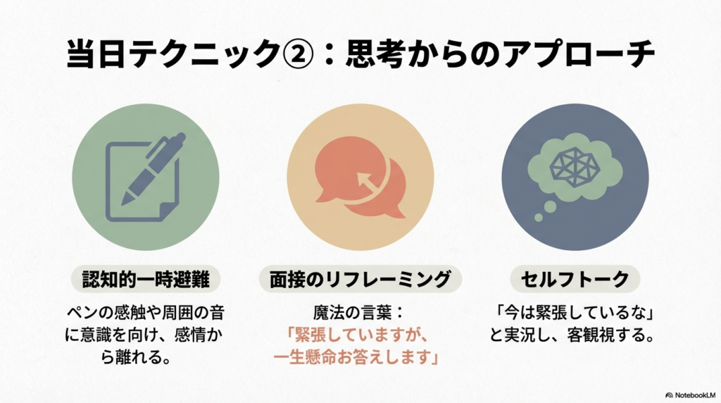 認知的一時避難（五感に集中）、面接のリフレーミング（緊張を正直に伝える）、セルフトーク（自分の状態を実況する）の紹介。