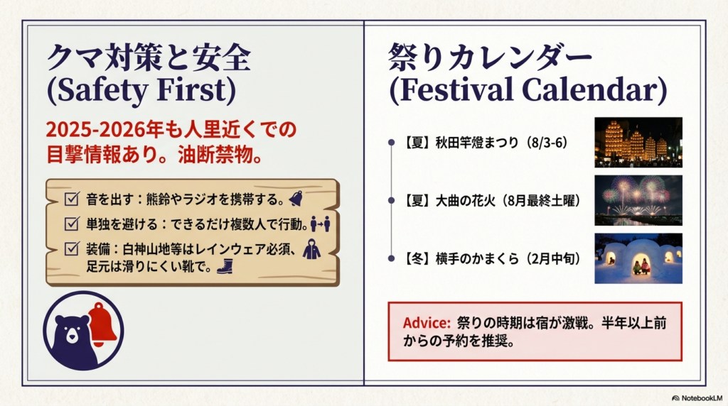 クマ除けの音出しや複数人行動などの安全対策と、竿燈まつり・大曲の花火・横手のかまくらといった主要な祭りの開催時期・予約のアドバイス。