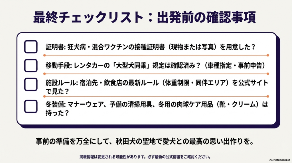 狂犬病・ワクチンの証明書、レンタカーの規定、最新の施設ルール、マナーウェアや肉球ケア用品などの冬装備を確認するためのチェック項目リスト。