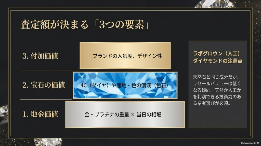 地金価値、宝石の価値、付加価値（デザイン等）の3要素と、ラボグロウンダイヤモンドは天然石に比べリセールバリューが低くなる傾向があることを示す図解。