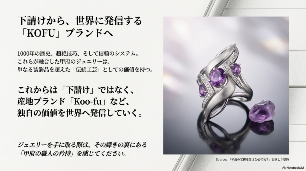 1000年の歴史と技術が融合し、下請けから独自の産地ブランド「Koo-fu」へと進化する展望をまとめたスライド。