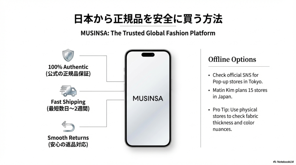 MUSINSAの公式保証、配送、返品対応と、日本国内の実店舗展開計画についての案内