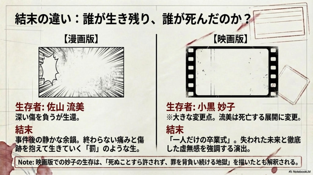 漫画版の生存者（佐山流美）と映画版の生存者（小黒妙子）の違い、およびそれぞれの結末が持つ意味（「罰としての生」や「虚無感」）の比較。