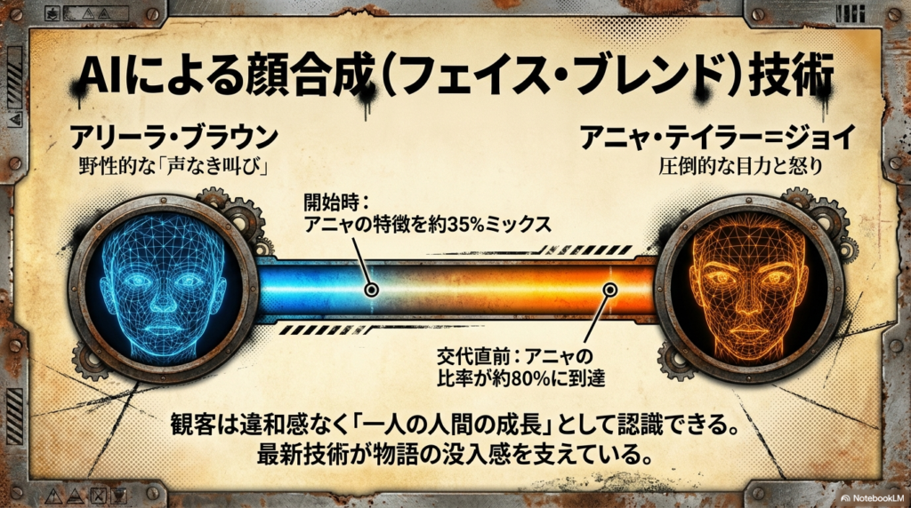 子役アリーラ・ブラウンとアニャ・テイラー＝ジョイの顔を、成長に合わせて35%から80%の比率で合成したAI技術の解説。