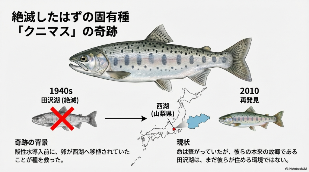 田沢湖で絶滅したクニマスが、移植先の山梨県・西湖で2010年に再発見された経緯と、帰還を待つ現状を説明するスライド。