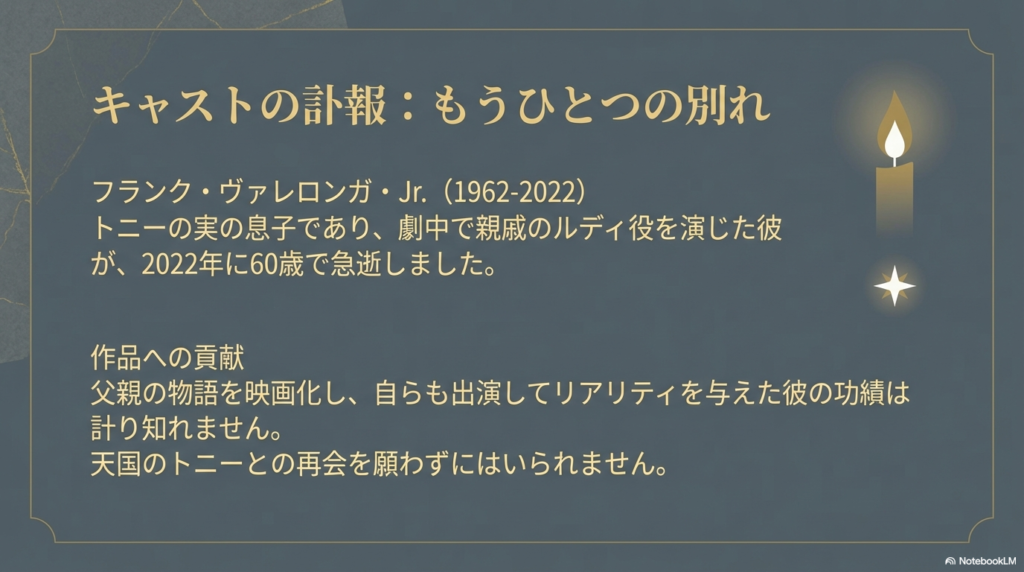 トニー・リップの実の息子であり、ルディ役として出演したフランク・ヴァレロンガ・Jr.（1962-2022）の急逝と、作品への多大な貢献を悼むメッセージ。